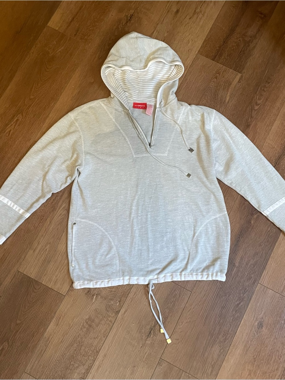 Liz Claiborne Gray and White Half-Zip Hooded Sweater